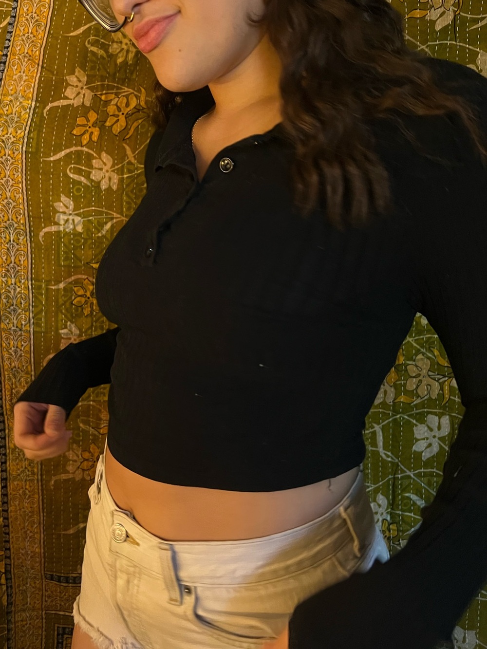 Fashion Nova Black Ribbed Long-Sleeve Cropped Polo
